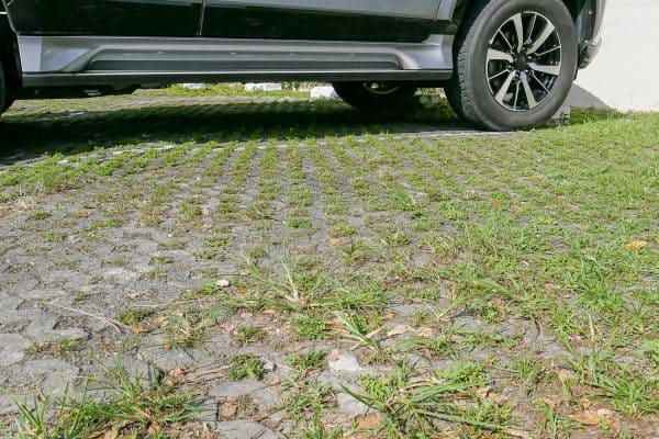 Car on a parking lot which made from turf block, How Do Grass Pavers Work? [And Where To Use Them]