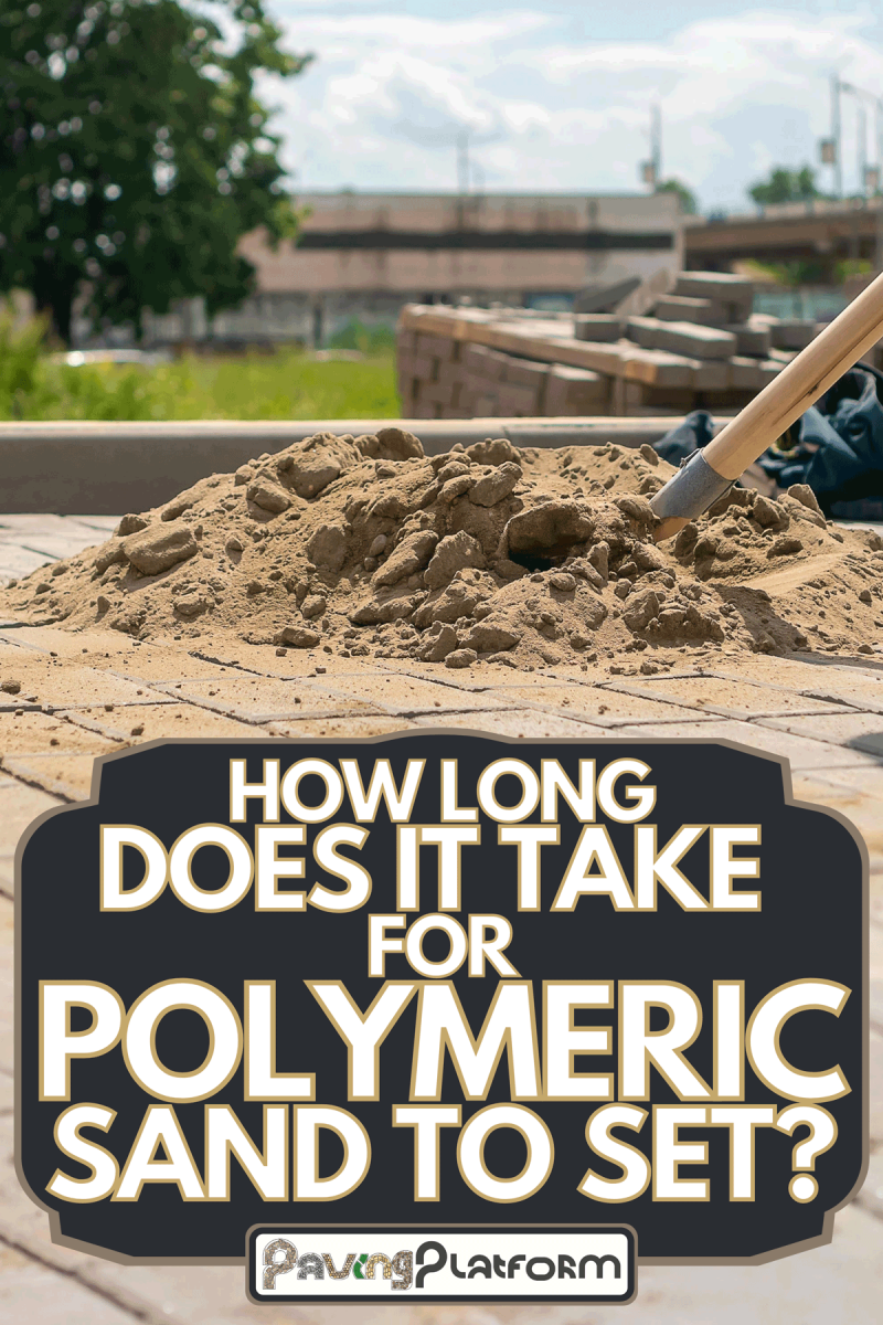 Man working with a shovel picks up sand from a large pile to scatter it through the cracks between the paving slabs, How Long Does It Take For Polymeric Sand To Set?