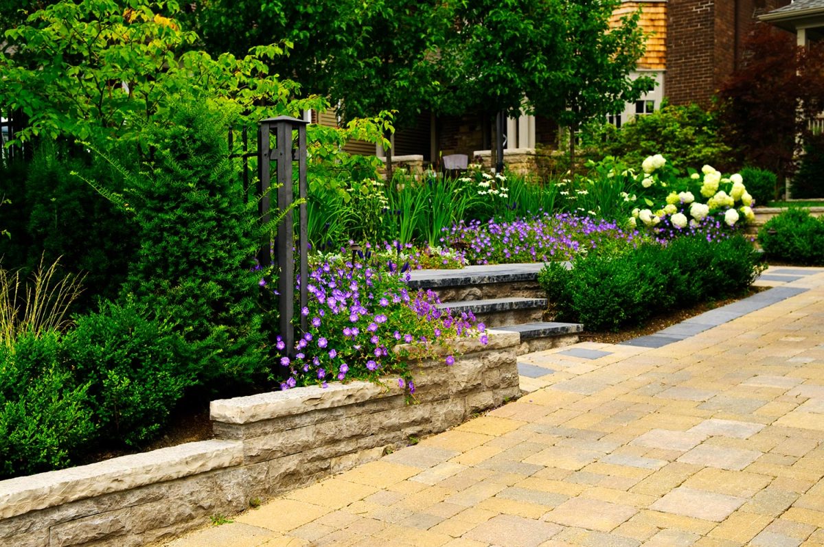 Landscaped garden and stone paved driveway