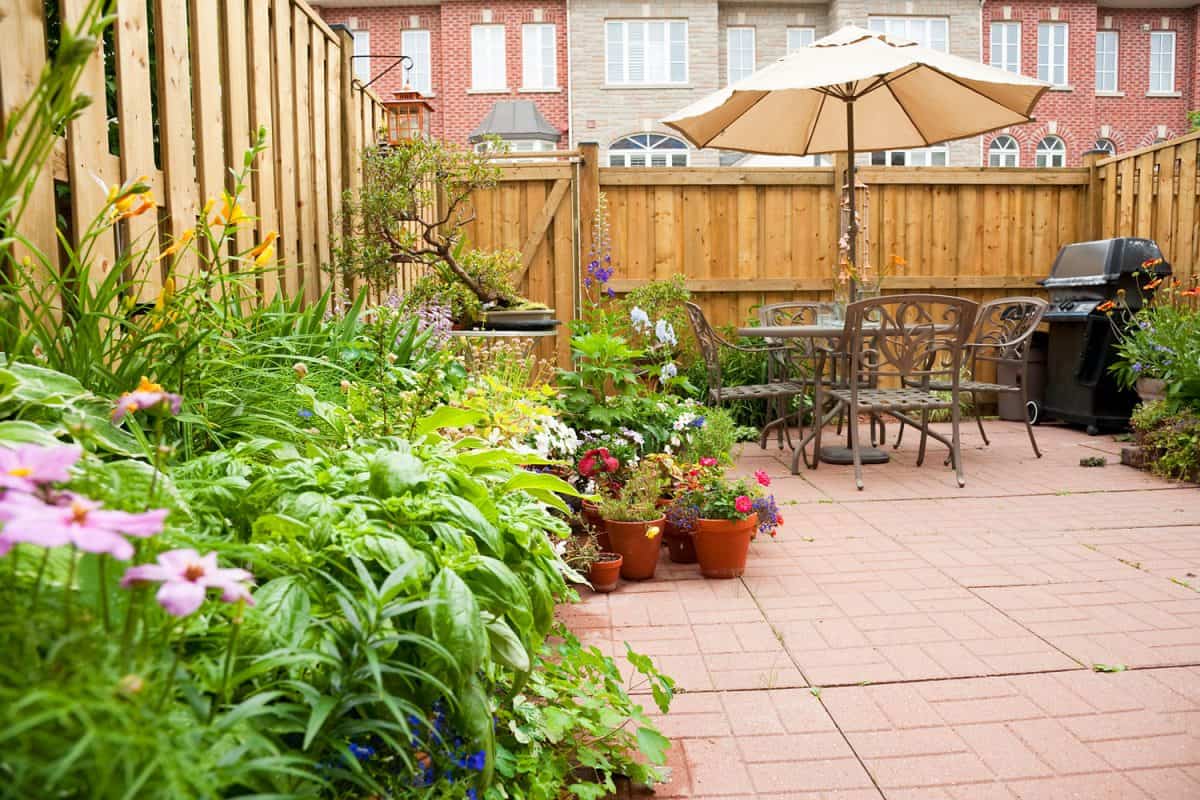 Outdoor garden with potted plants on the ground, How To Protect Pavers From Potted Plants