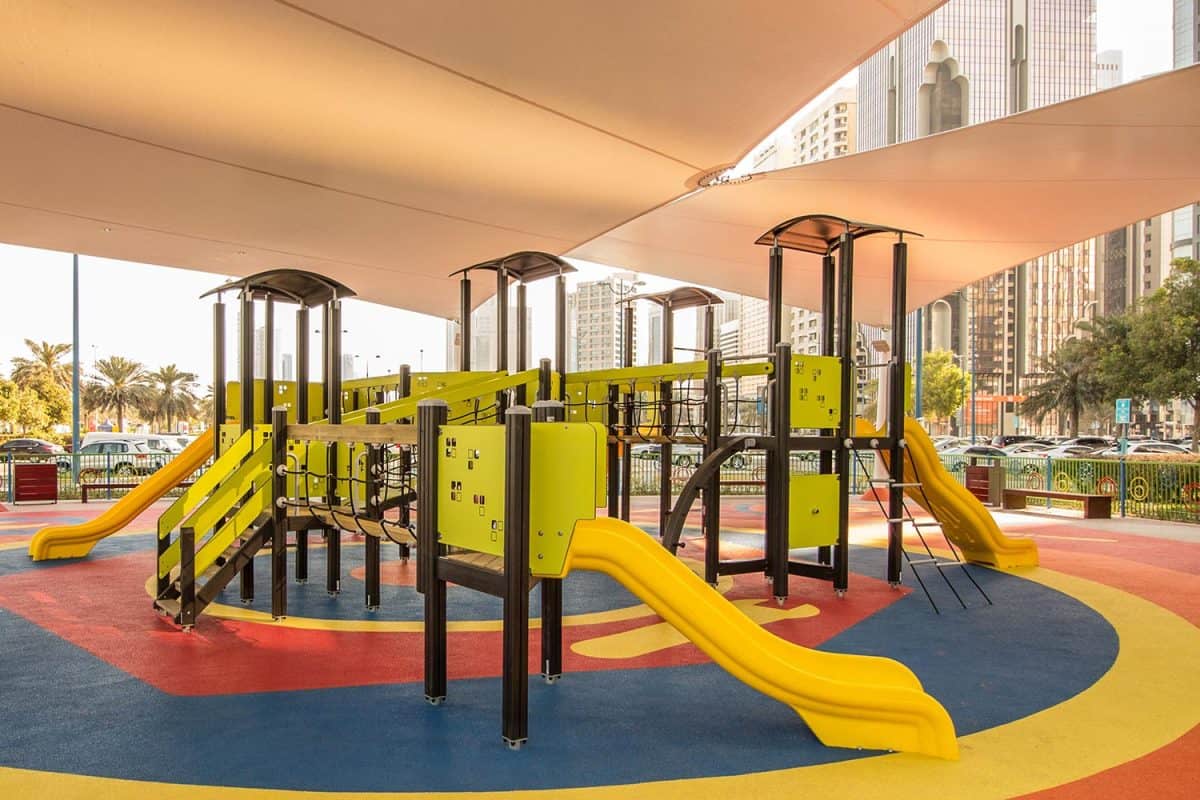 Shaded kid's playground activity tower