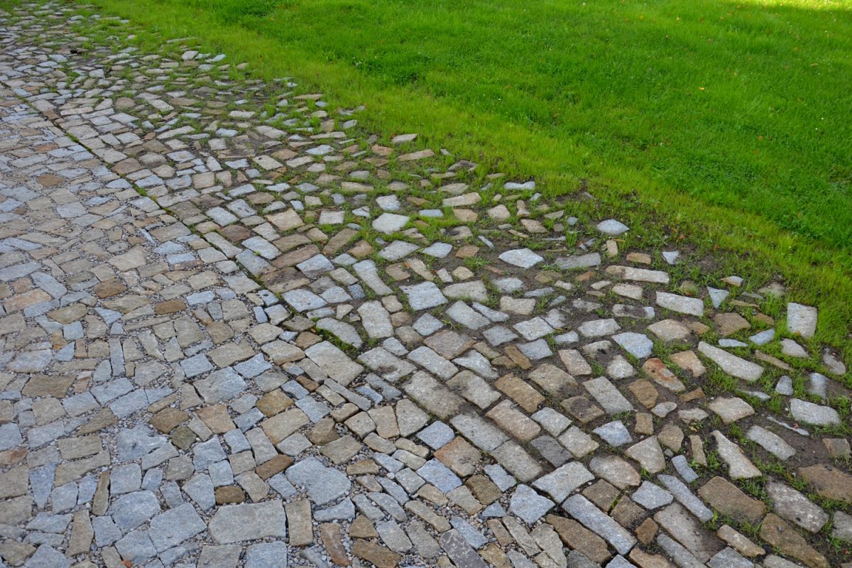 transition of paved surfaces between paving and lawn. the lawn grows between individual randomly placed stones of granite chipped paving